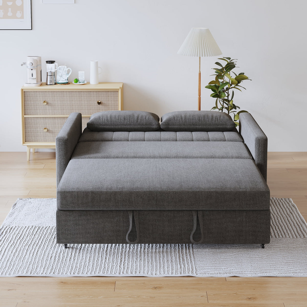 Canapé-lit 2 places Noodeniya 54, canapé convertible moderne, causeuse en tissu pour petits espaces, gris clair