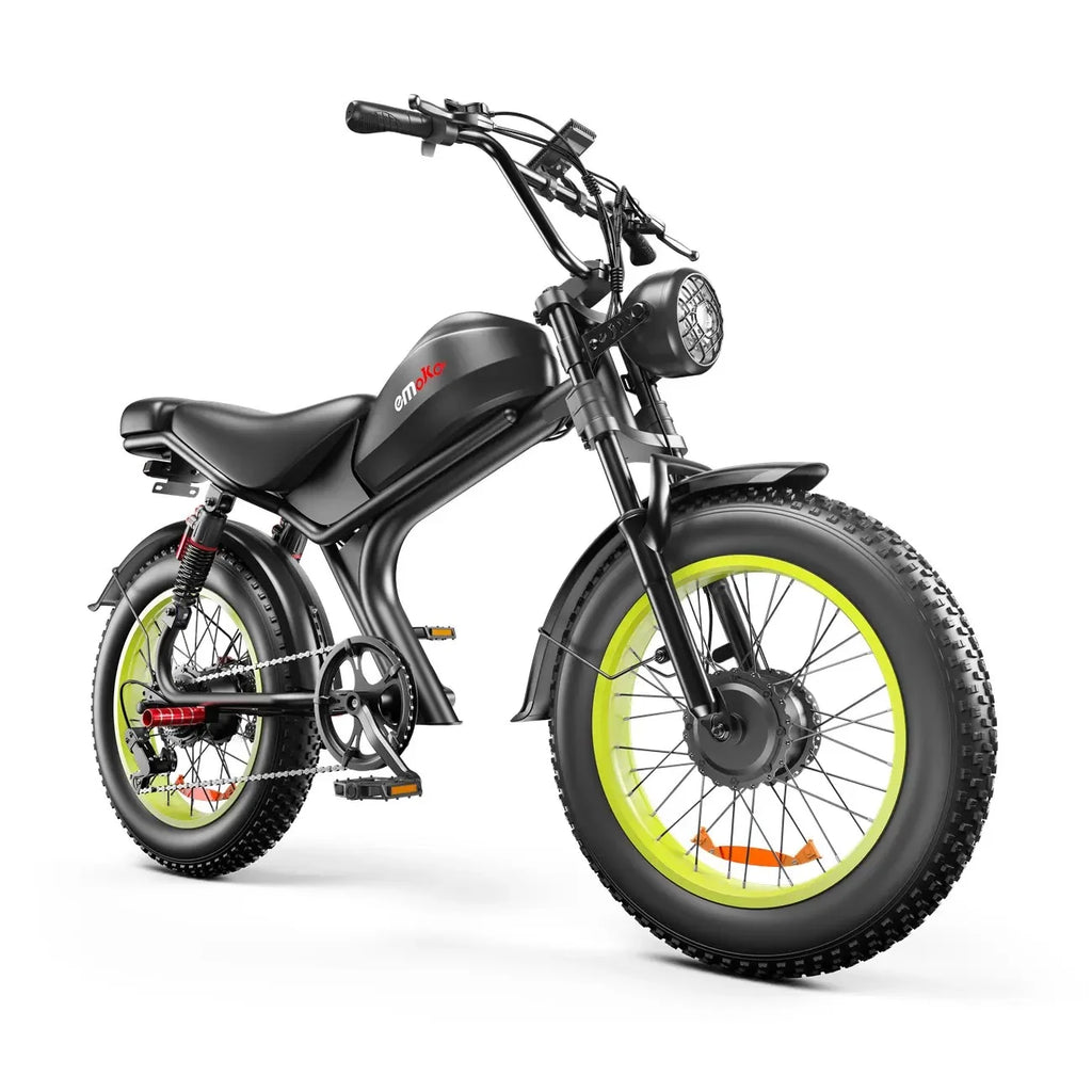 Vélo électrique EMOKO C93 - Double moteur 2000 W - Batterie amovible 23 Ah - Jusqu'à 100 km d'autonomie - Vitesses Shimano à 7 rapports - Frein hydraulique - Roues de 20 pouces, couleur bleue