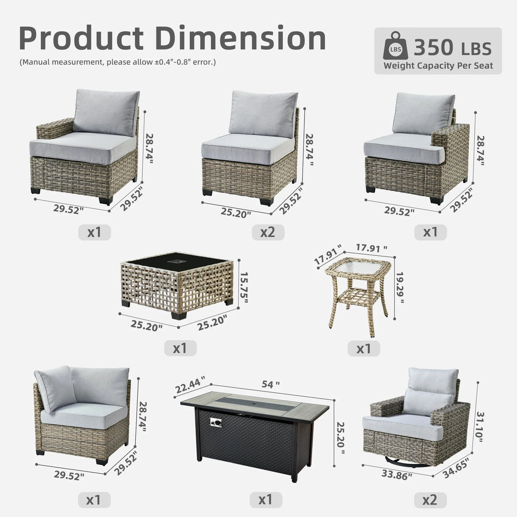 Ovios Salon de jardin modulable moderne en résine tressée toutes saisons à dossier haut, 10 pièces, avec table brasero au propane et fauteuil pivotant, gris foncé