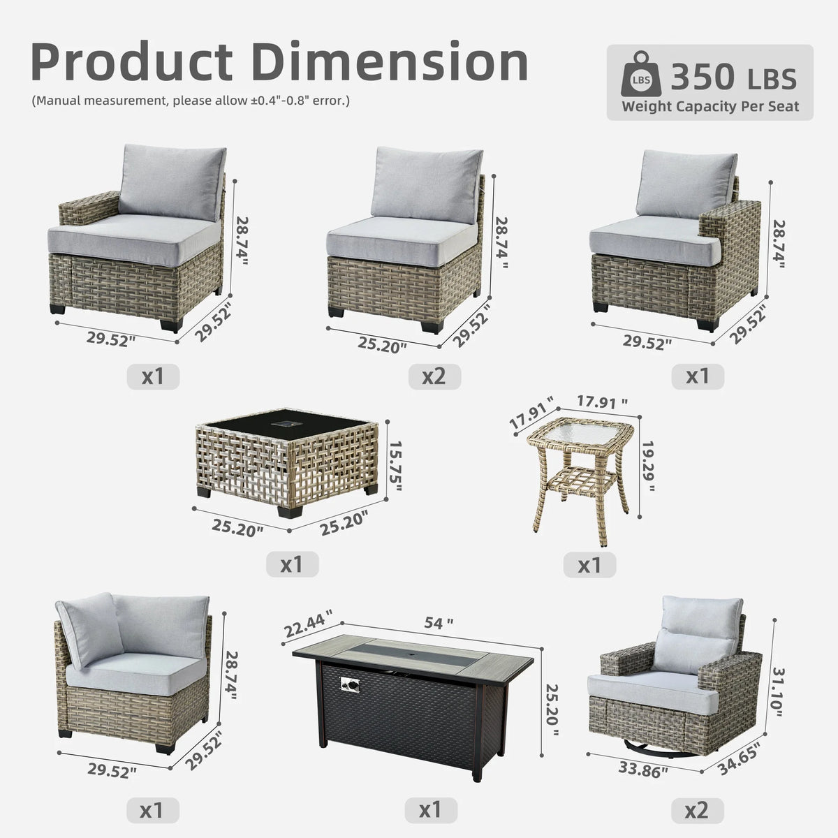 Ovios Salon de jardin modulable moderne en résine tressée toutes saisons à dossier haut, 10 pièces, avec table brasero au propane et fauteuil pivotant, gris foncé