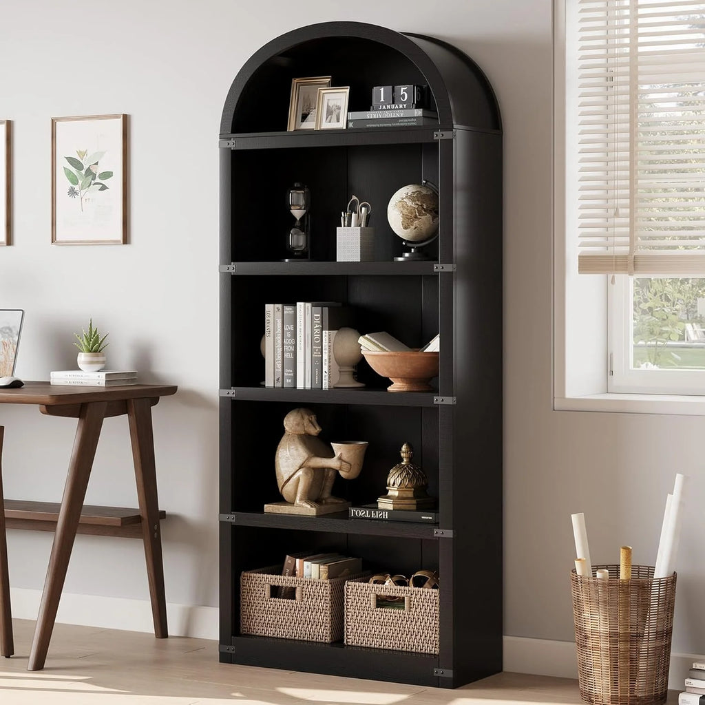 Bibliothèque à 5 étagères avec arche, 182 cm de haut, meuble de rangement et d’exposition de style rustique en bois pour bureau, salon ou maison (blanc)