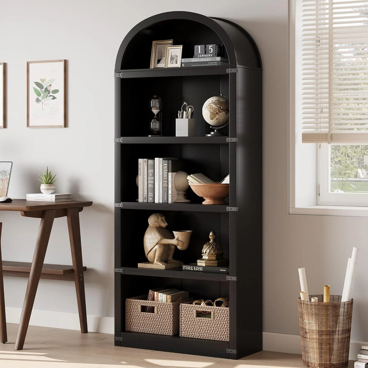 Bibliothèque à 5 étagères avec arche, 182 cm de haut, meuble de rangement et d’exposition de style rustique en bois pour bureau, salon ou maison (blanc)