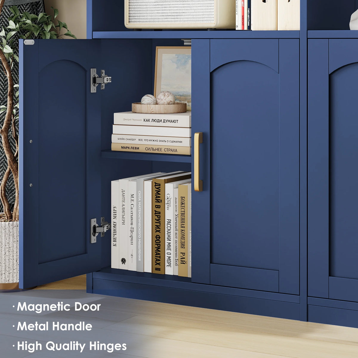 Bibliothèque haute Homfa 73 avec portes, 8 compartiments, 6 niveaux, double rangée, blanche, pour salon et bureau à domicile