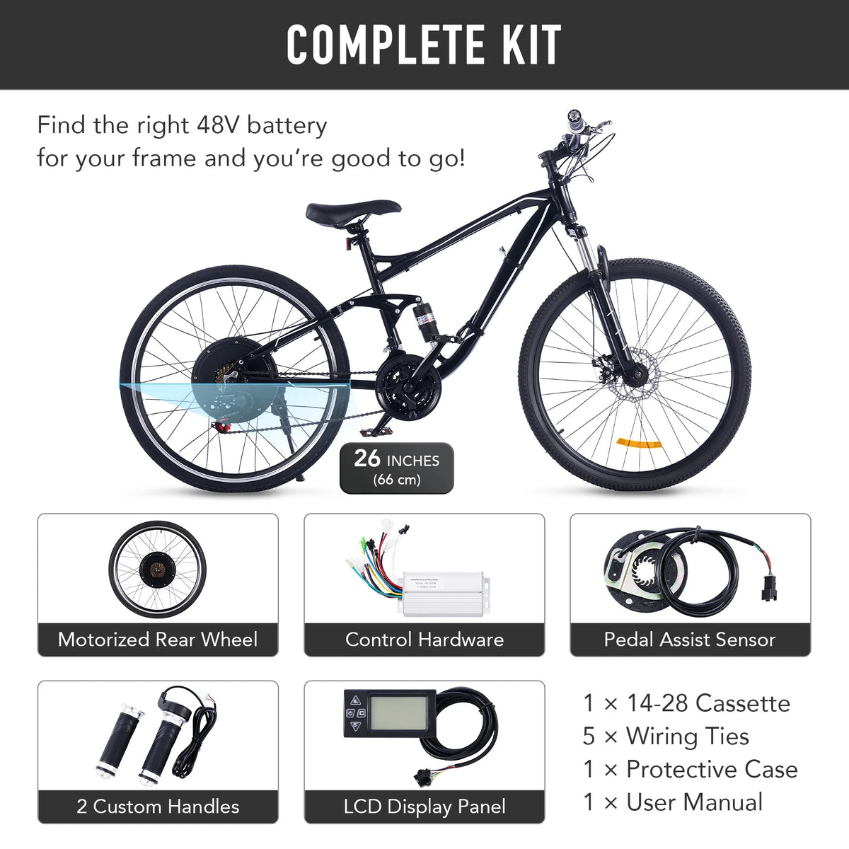 Kit de conversion de vélo électrique Viribus pour roue arrière 26, moteur-roue 1000 W, écran LCD, kit DIY pour vélo électrique