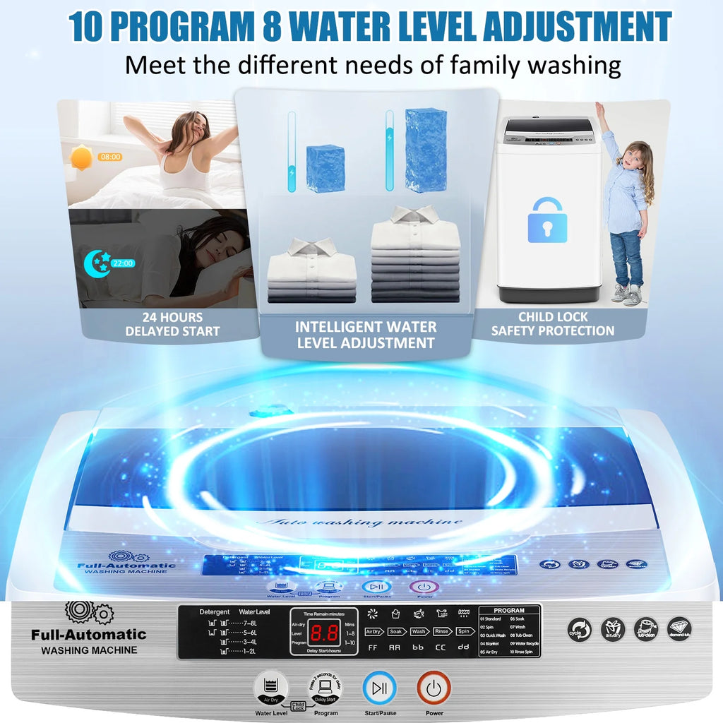 Machine à laver portable Qhomic, grande capacité de 17,8 lb, entièrement automatique, 10 programmes de lavage et 8 niveaux d’eau, idéale pour les appartements, les résidences universitaires et les familles