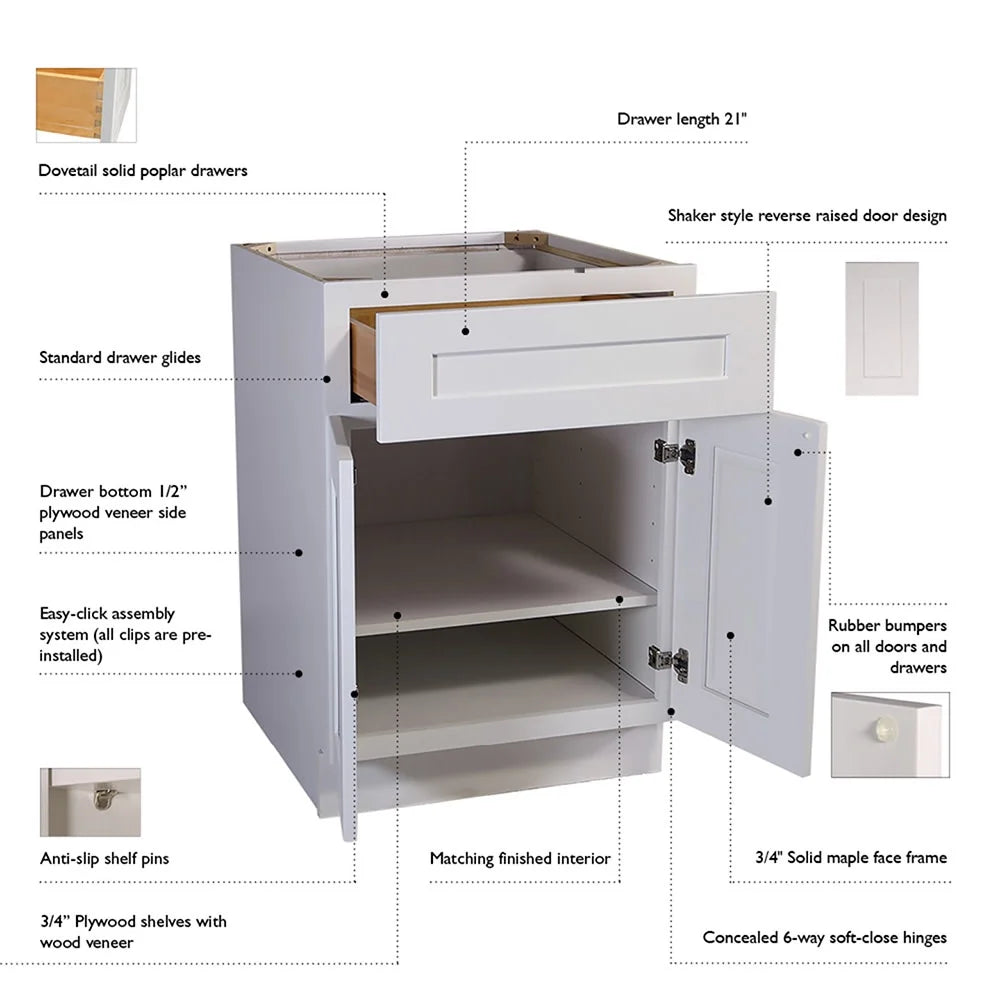 Design House Brookings Meuble bas de cuisine à assembler en bois Shaker, 2 portes et 2 tiroirs (48 x 34,5 x 24), blanc Sherwin Williams