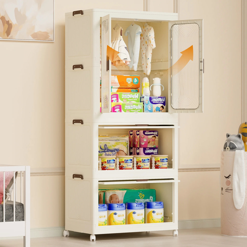 Penderie portable pour enfants Montary avec portes magnétiques et tringle – Meuble de rangement en plastique à 4 casiers pour chambre d'enfant