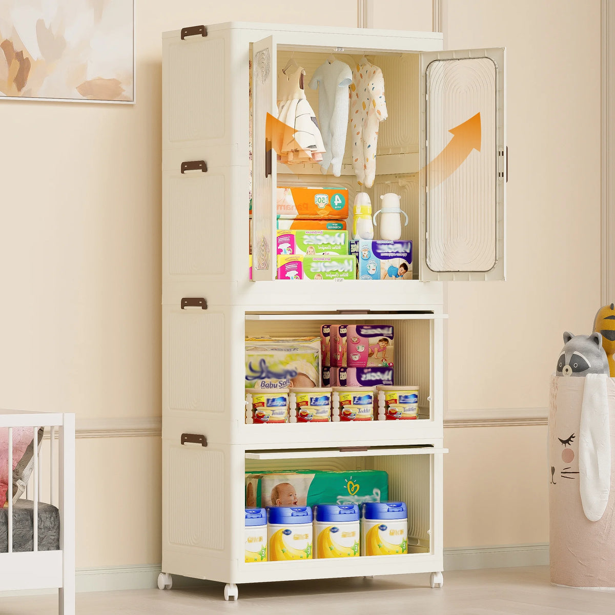 Penderie portable pour enfants Montary avec portes magnétiques et tringle – Meuble de rangement en plastique à 4 casiers pour chambre d'enfant