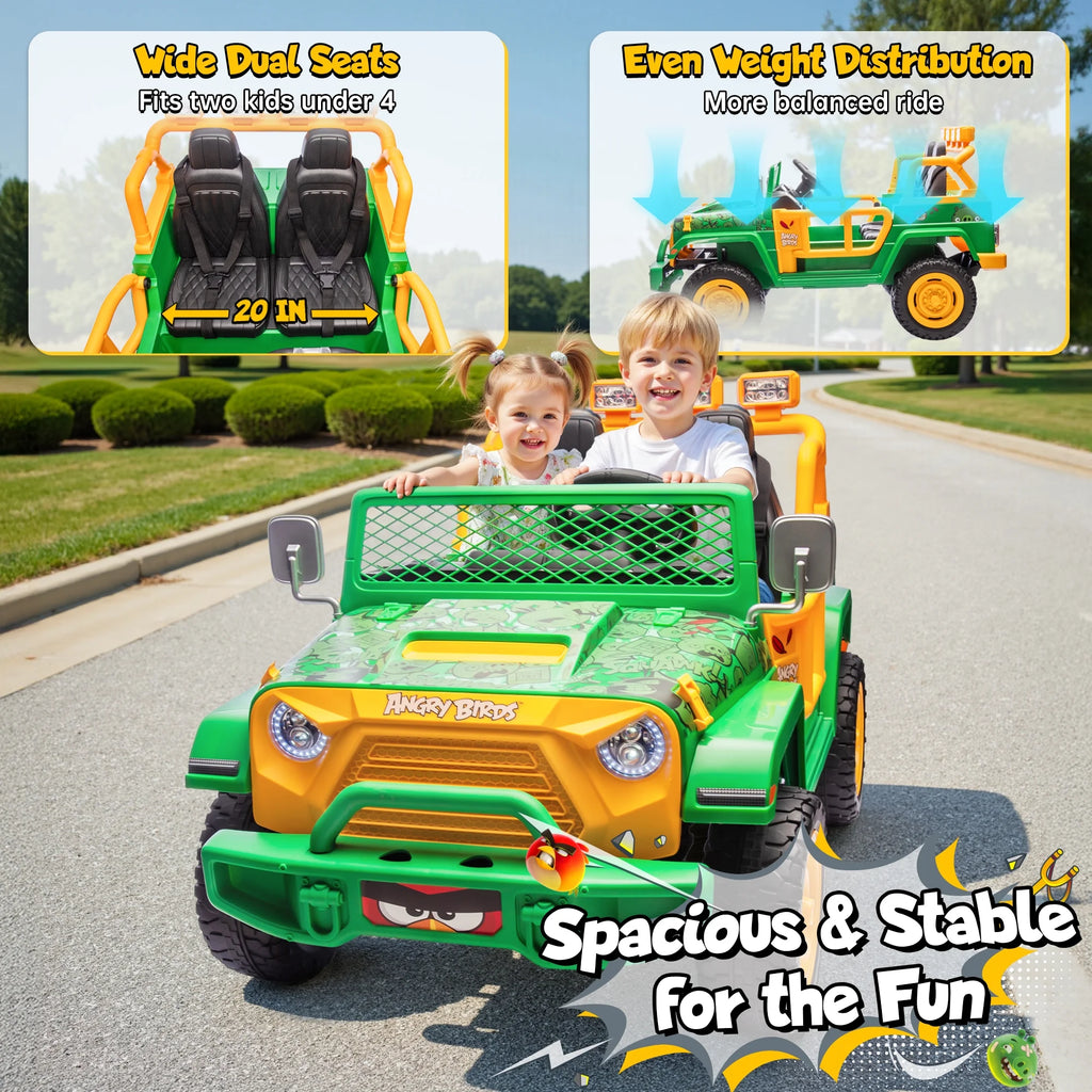 Jouets électriques Joyracer 24 volts pour grands enfants, camion sous licence Angry Birds avec télécommande, véhicule électrique 4x4 à 2 places avec pelle, Bluetooth, lumières, roues de voiture électrique, pour enfants de 3 à 8 ans, jusqu’à 59 kg, vert