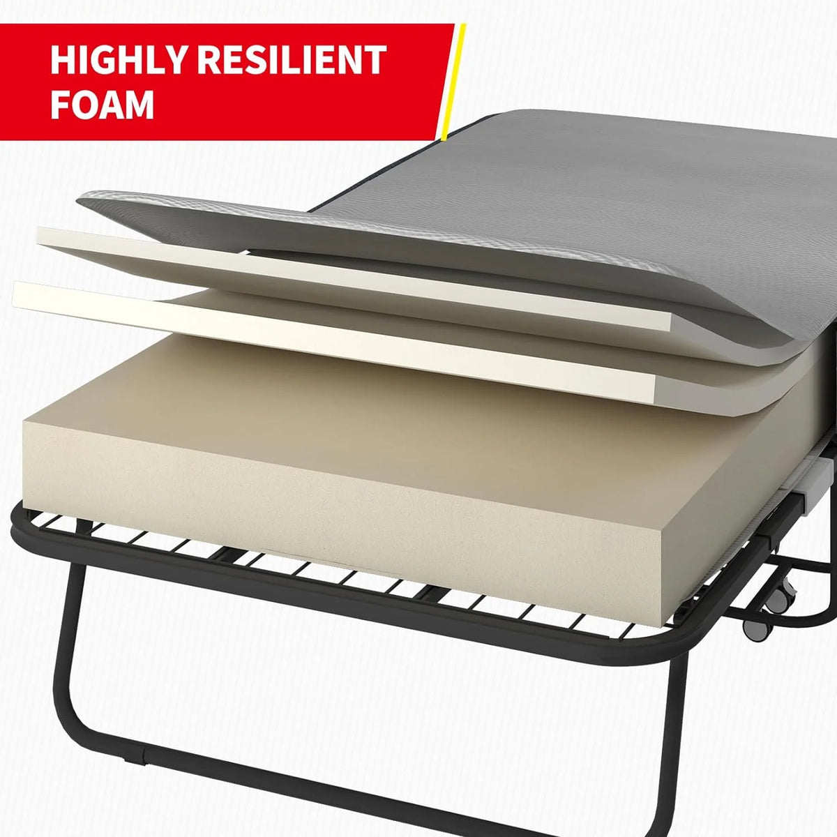 Lit pliant Puremind avec matelas en mousse de 10 cm, lit d’appoint 190 x 80 cm pour adultes, lit portable avec roulettes verrouillables, montage et déplacement faciles, standard