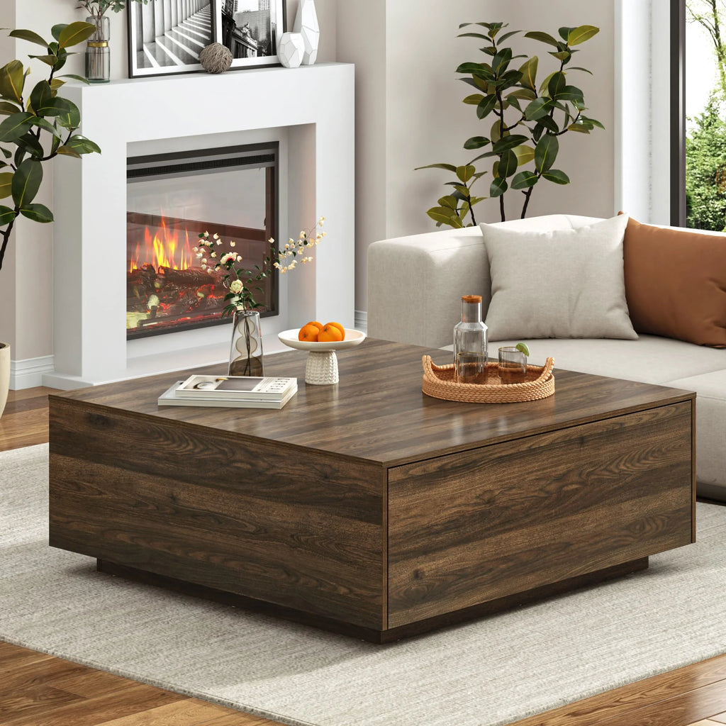 Table basse carrée Blotout avec 2 grands tiroirs, table basse Mid-Century Modern de 43 avec rangement, table basse en bois, table de salon avec rangement, grain de bois