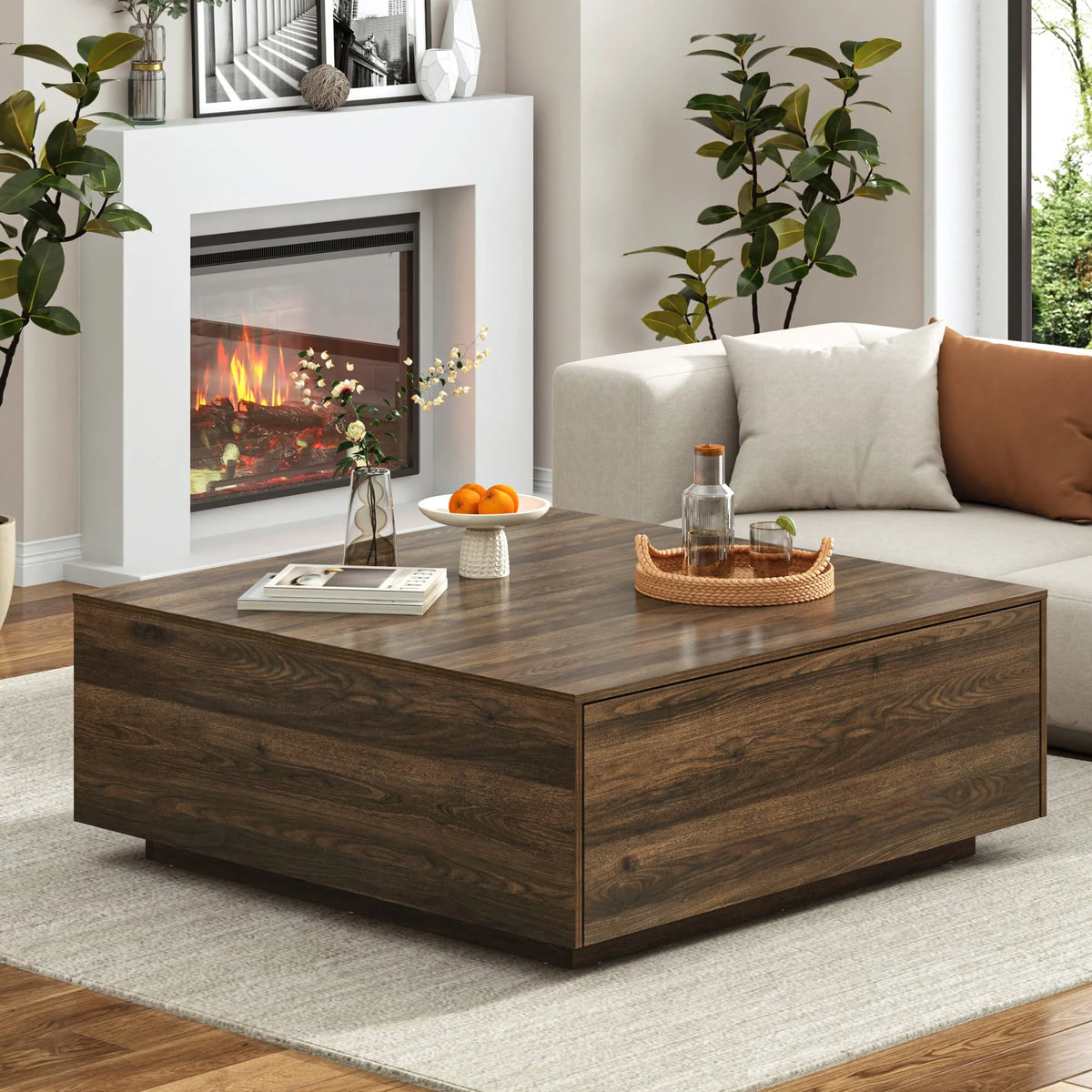 Table basse carrée Blotout avec 2 grands tiroirs, table basse Mid-Century Modern de 43 avec rangement, table basse en bois, table de salon avec rangement, grain de bois
