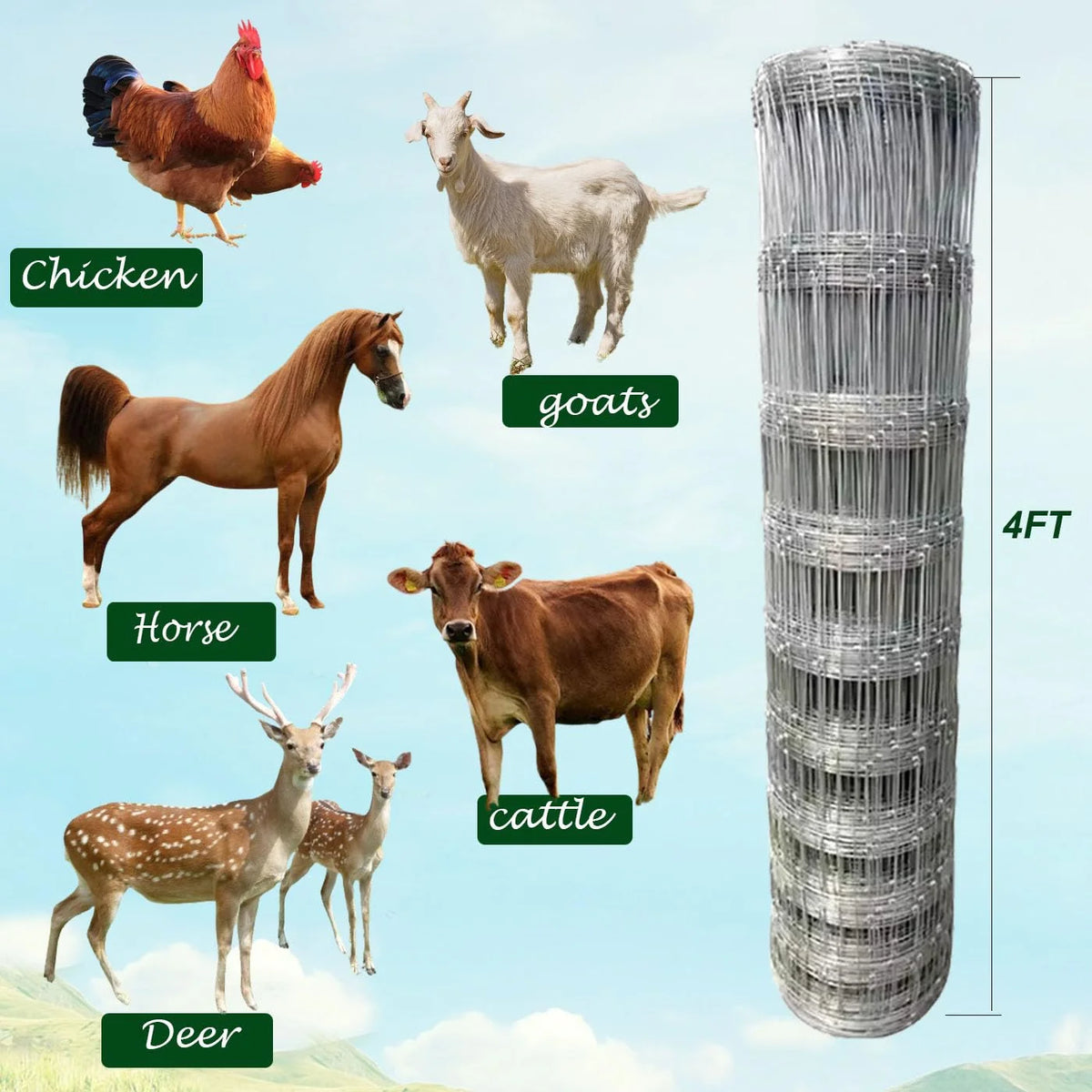Clôture agricole, grillage galvanisé de 1,22 m x 50 m, clôture pour bétail et cerfs, revêtement épais en zinc, clôture pour porcs et chèvres, cour, jardin et champ