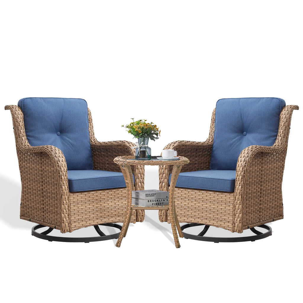 POCASSY Salon de Jardin 3 Pièces en Rotin Tressé Fauteuils Berçants et Pivotants avec Coussins