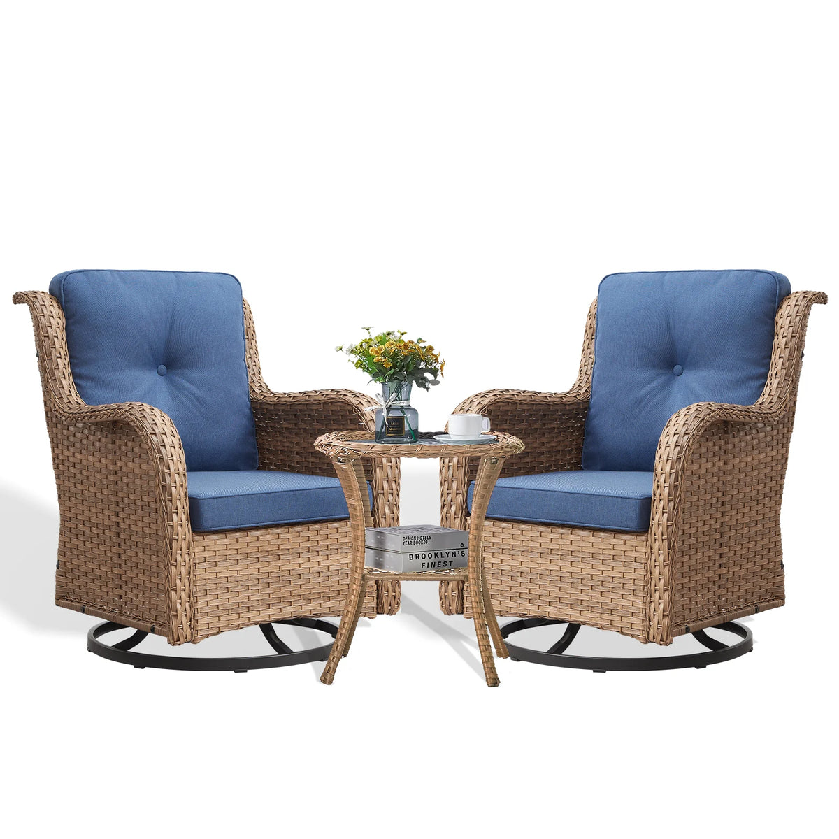 POCASSY Salon de Jardin 3 Pièces en Rotin Tressé Fauteuils Berçants et Pivotants avec Coussins