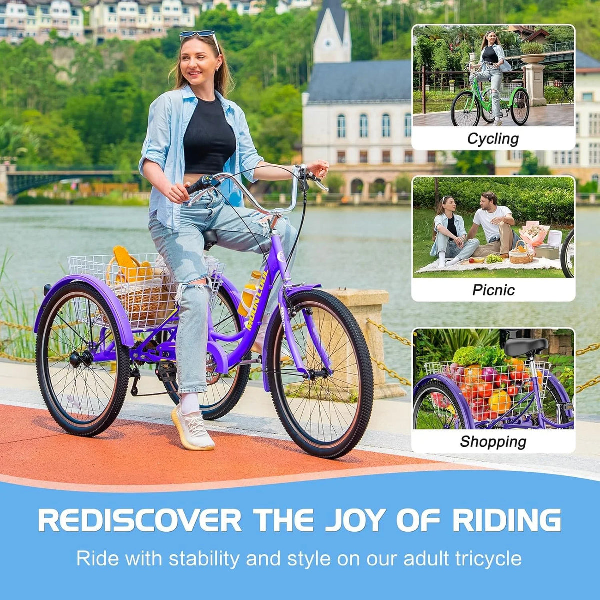 Tricycles pour adultes MOONCOOL avec panier arrière et pompe à pied, vélos à 3 roues 7 vitesses de 24 et 26 pouces, vélo à trois roues pour adultes avec dossier pour seniors, femmes et hommes