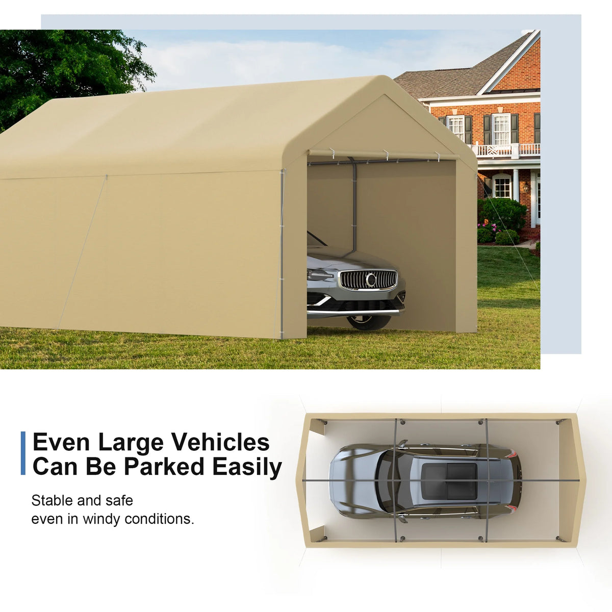 GOJOOASIS Carport, 10 x 20 Abri de voiture robuste avec paroi amovible, Garage portable en PE résistant à l'eau avec bâche toutes saisons Beige
