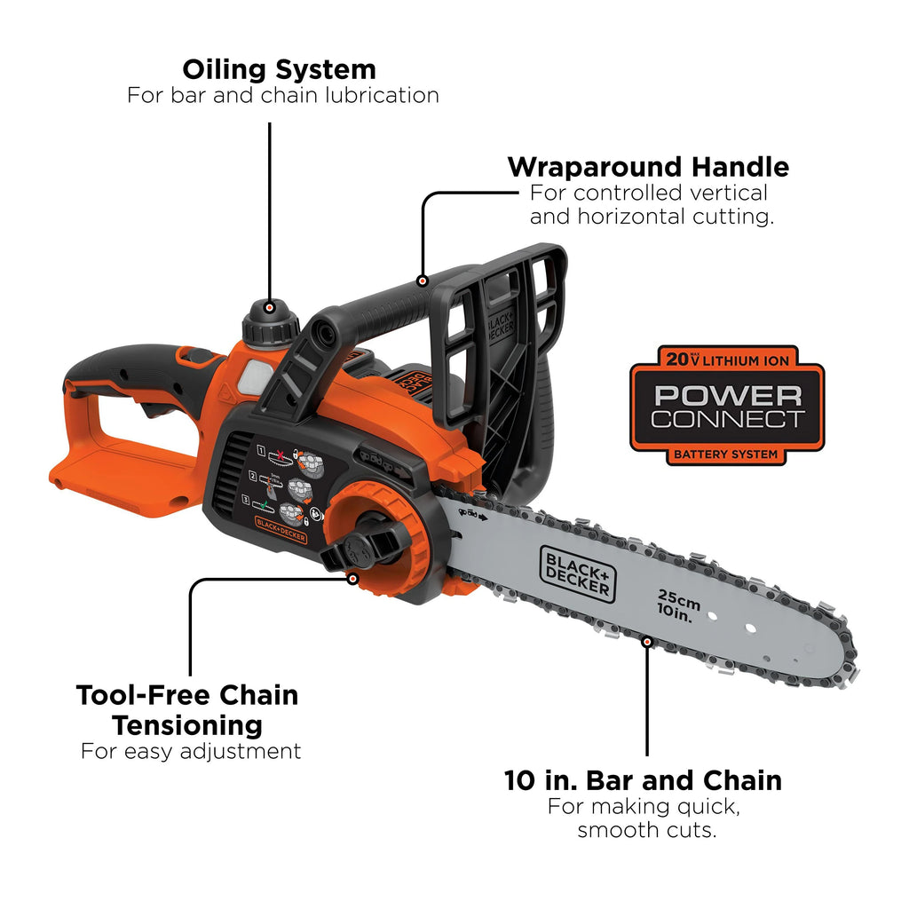 BLACK+DECKER 20V MAX* Scie à chaîne sans fil, 10 pouces (Outil seul), (LCS1020B)