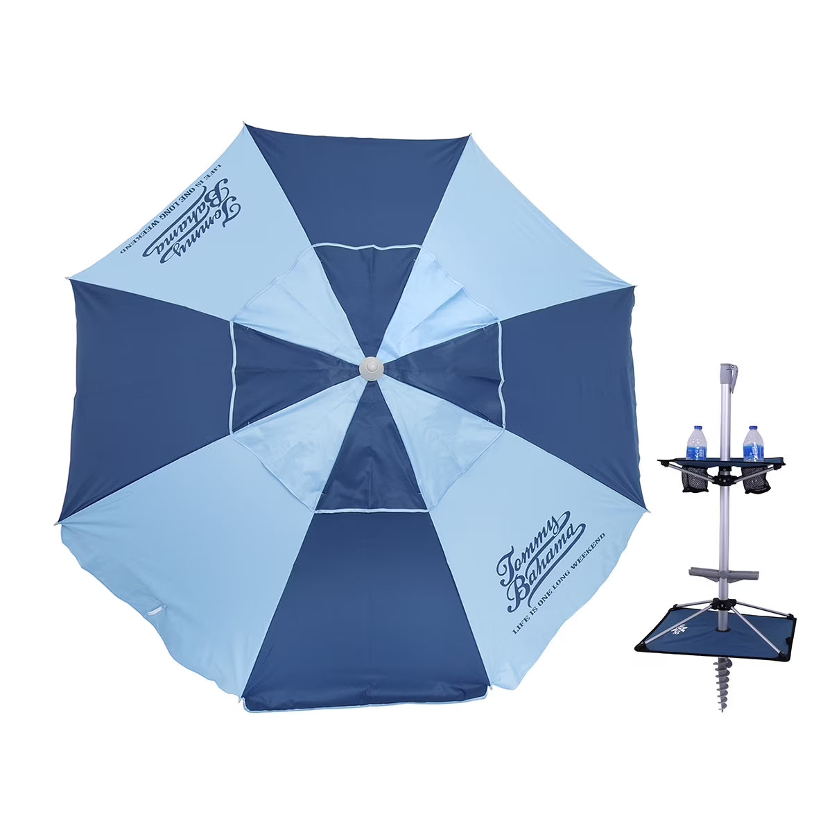 Parasol de plage Tommy Bahama en fibre de verre de 7 pi pour sable avec pied pliant à ancrage, table intégrée, mât télescopique en aluminium, FPF 50+, inclinable