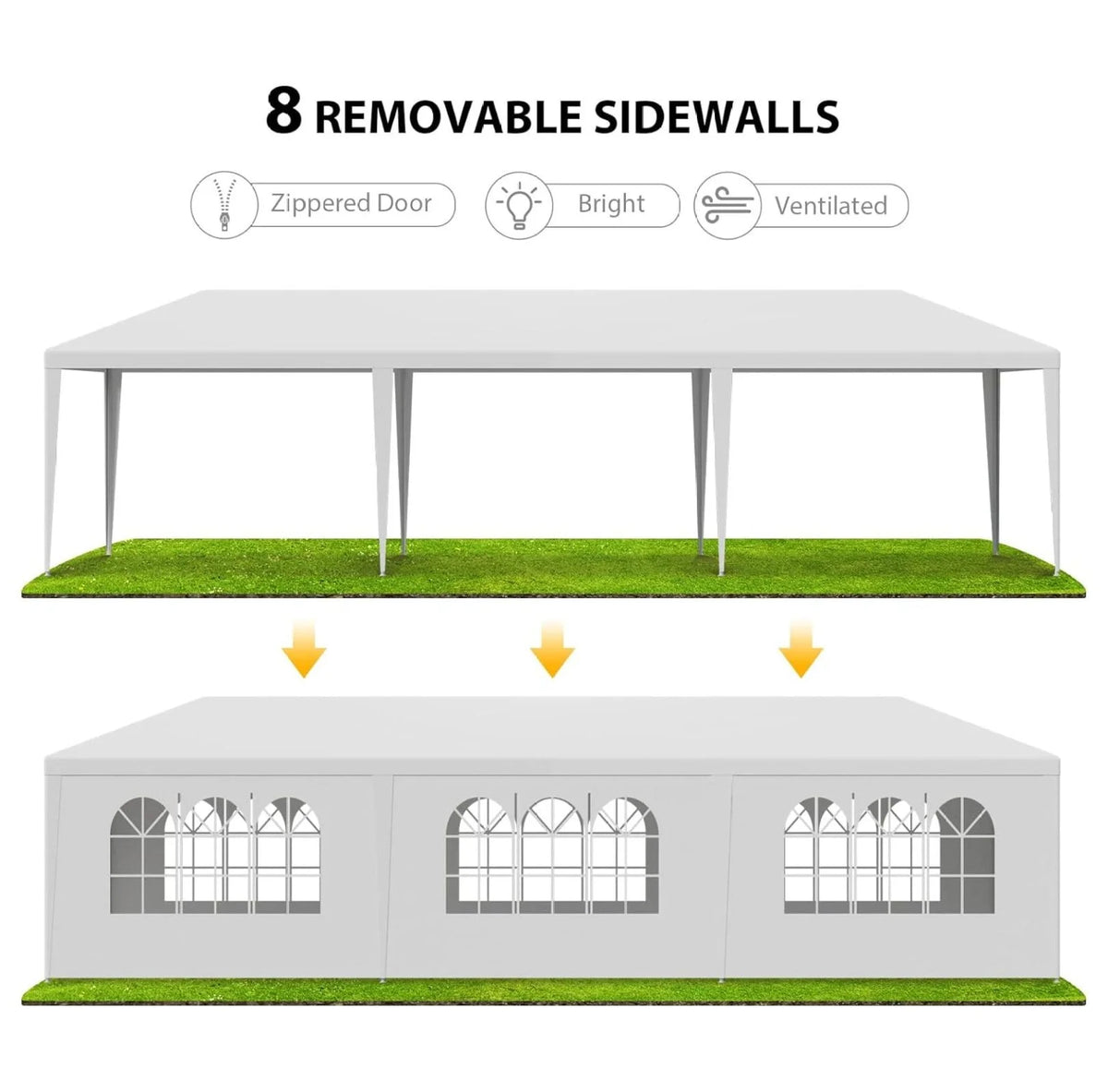 Tente de réception extérieure 10'x30', auvent de mariage, chapiteau de camping imperméable, abri de barbecue robuste, 8 parois latérales amovibles (10x30)