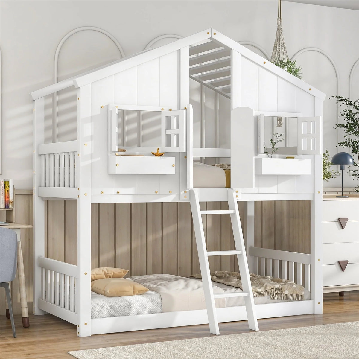 Lit superposé maison simple sur simple avec toit/fenêtre/niche de fenêtre/porte, cadre de lit superposé en bois avec plancher, barrières de sécurité et échelle pour enfants garçons et filles, blanc