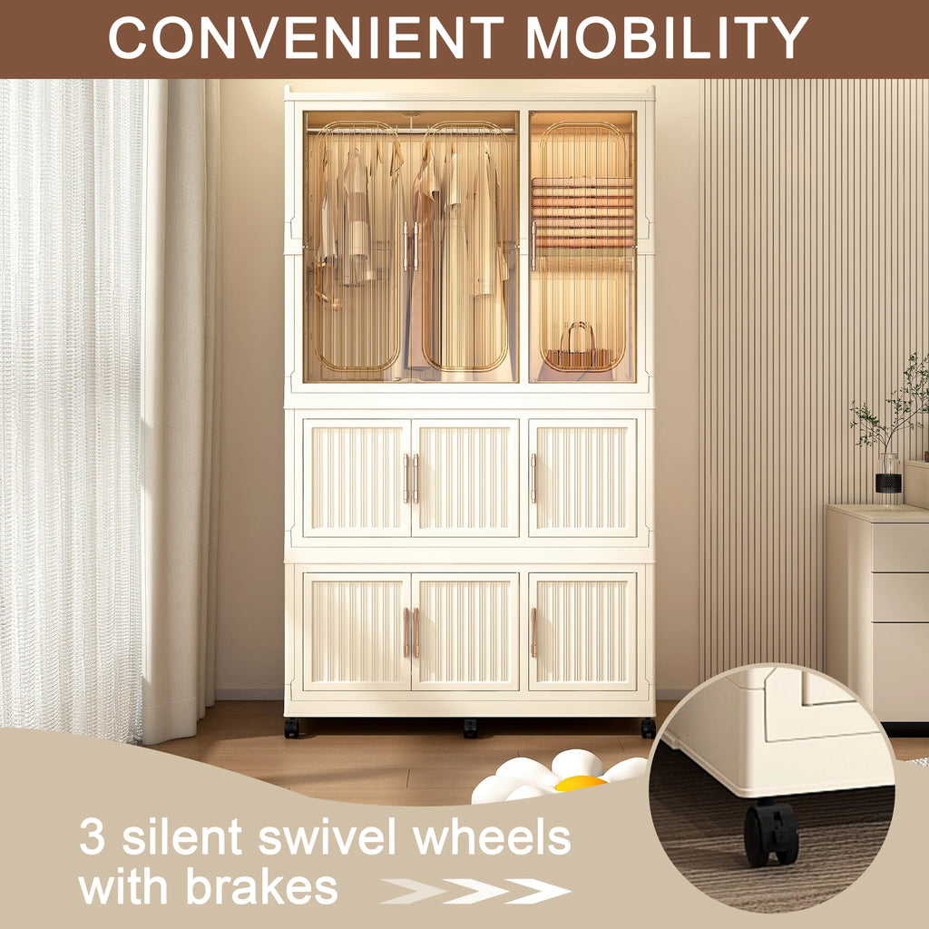 Penderie portable pour enfants Montary avec portes magnétiques et tringle – Meuble de rangement en plastique à 4 casiers pour chambre d'enfant