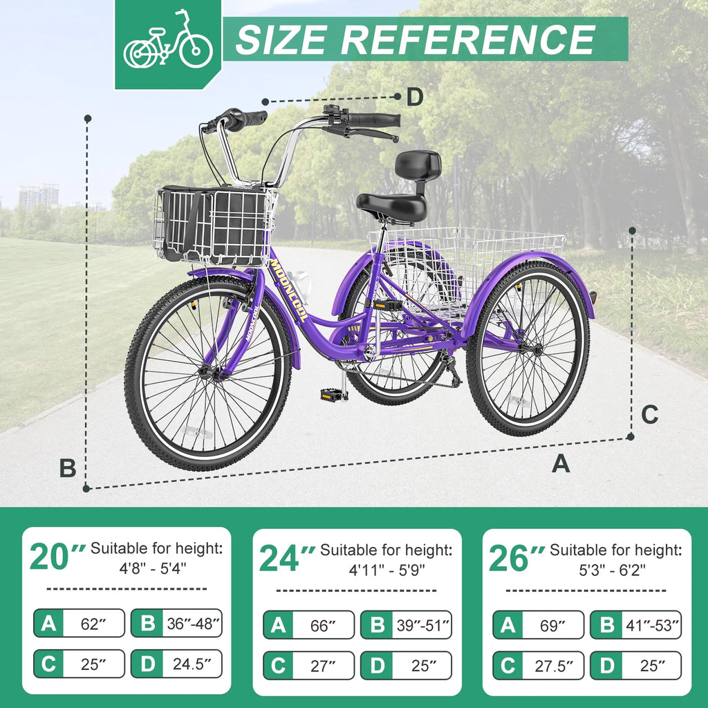 Tricycles pour adultes MOONCOOL avec panier arrière et pompe à pied, vélos à 3 roues 7 vitesses de 24 et 26 pouces, vélo à trois roues pour adultes avec dossier pour seniors, femmes et hommes