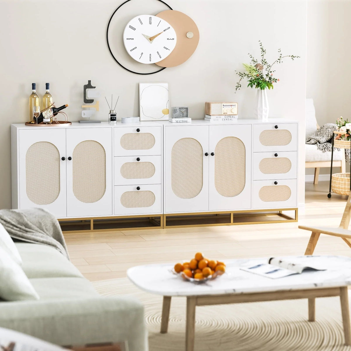 Meuble de rangement d'appoint Homfa à 3 tiroirs, buffet doré de 34,2 H avec portes en rotin pour salon, blanc