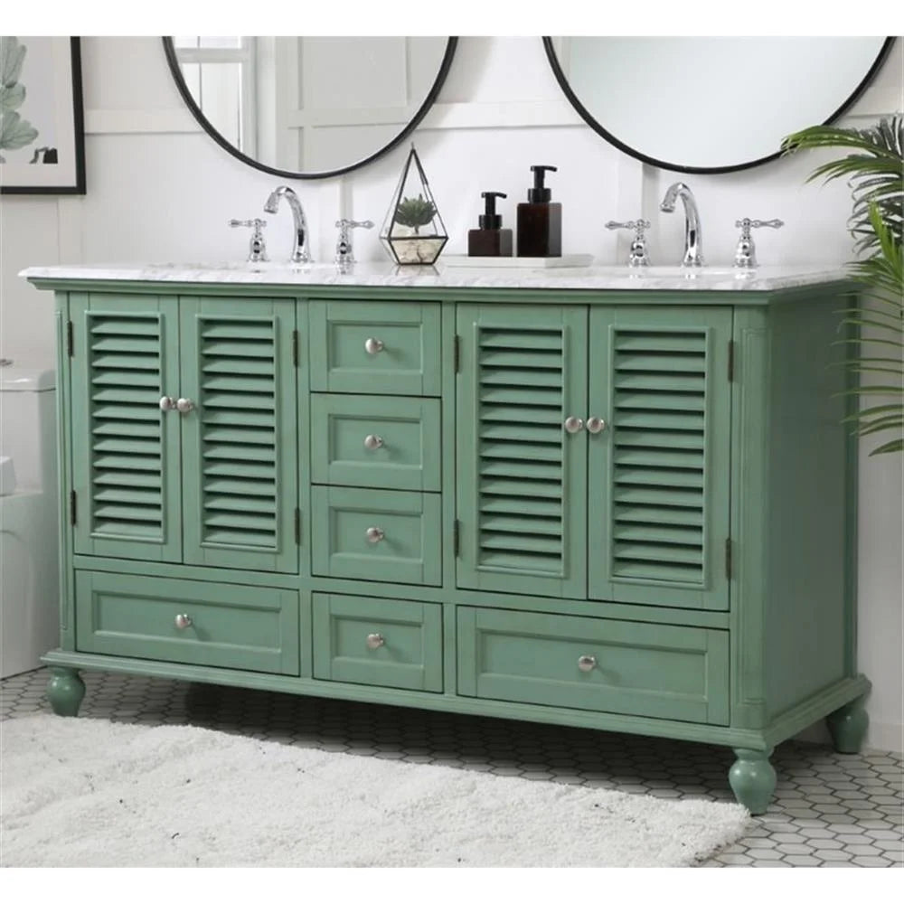 Meuble-lavabo double élégant de 60 pouces pour salle de bain, blanc antique