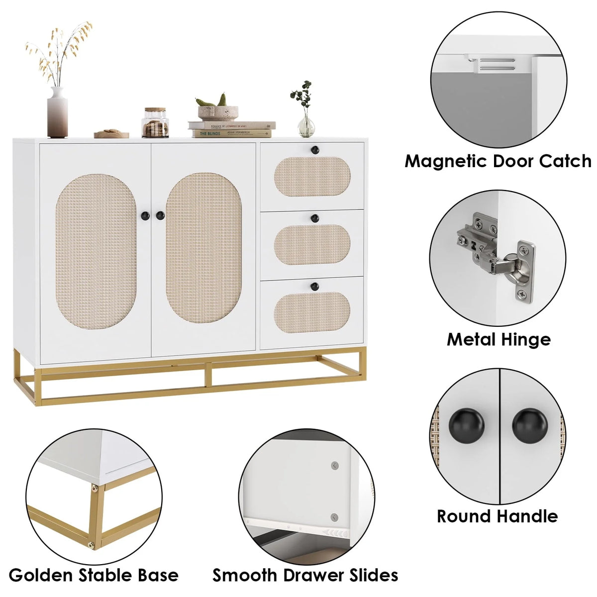 Meuble de rangement d'appoint Homfa à 3 tiroirs, buffet doré de 34,2 H avec portes en rotin pour salon, blanc