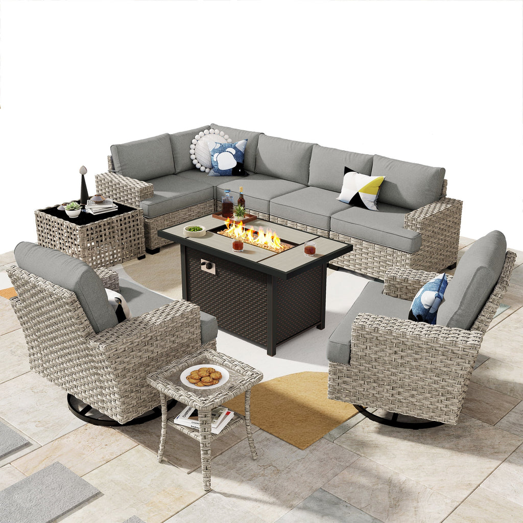 Ovios Salon de jardin modulable moderne en résine tressée toutes saisons à dossier haut, 10 pièces, avec table brasero au propane et fauteuil pivotant, gris foncé