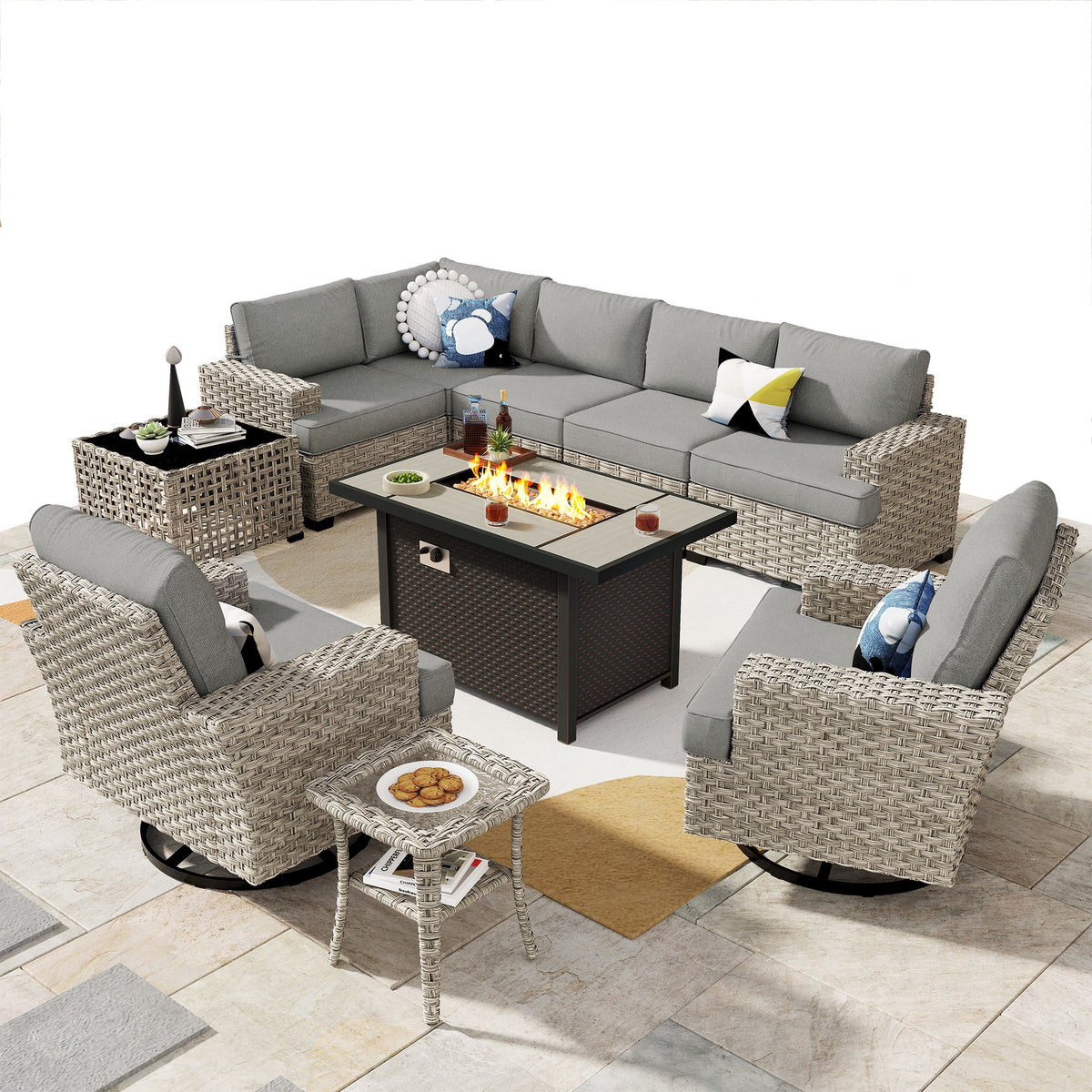Ovios Salon de jardin modulable moderne en résine tressée toutes saisons à dossier haut, 10 pièces, avec table brasero au propane et fauteuil pivotant, gris foncé