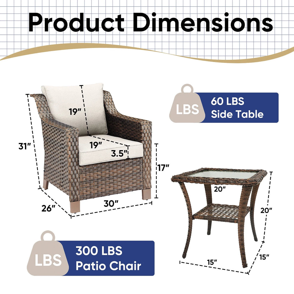 Lot de 2 chaises de patio d'extérieur en résine tressée Bellefurn avec table d'appoint, chaises en rotin tressé toutes saisons, mobilier de jardin pour porche, balcon, cour arrière, jardin et terrasse