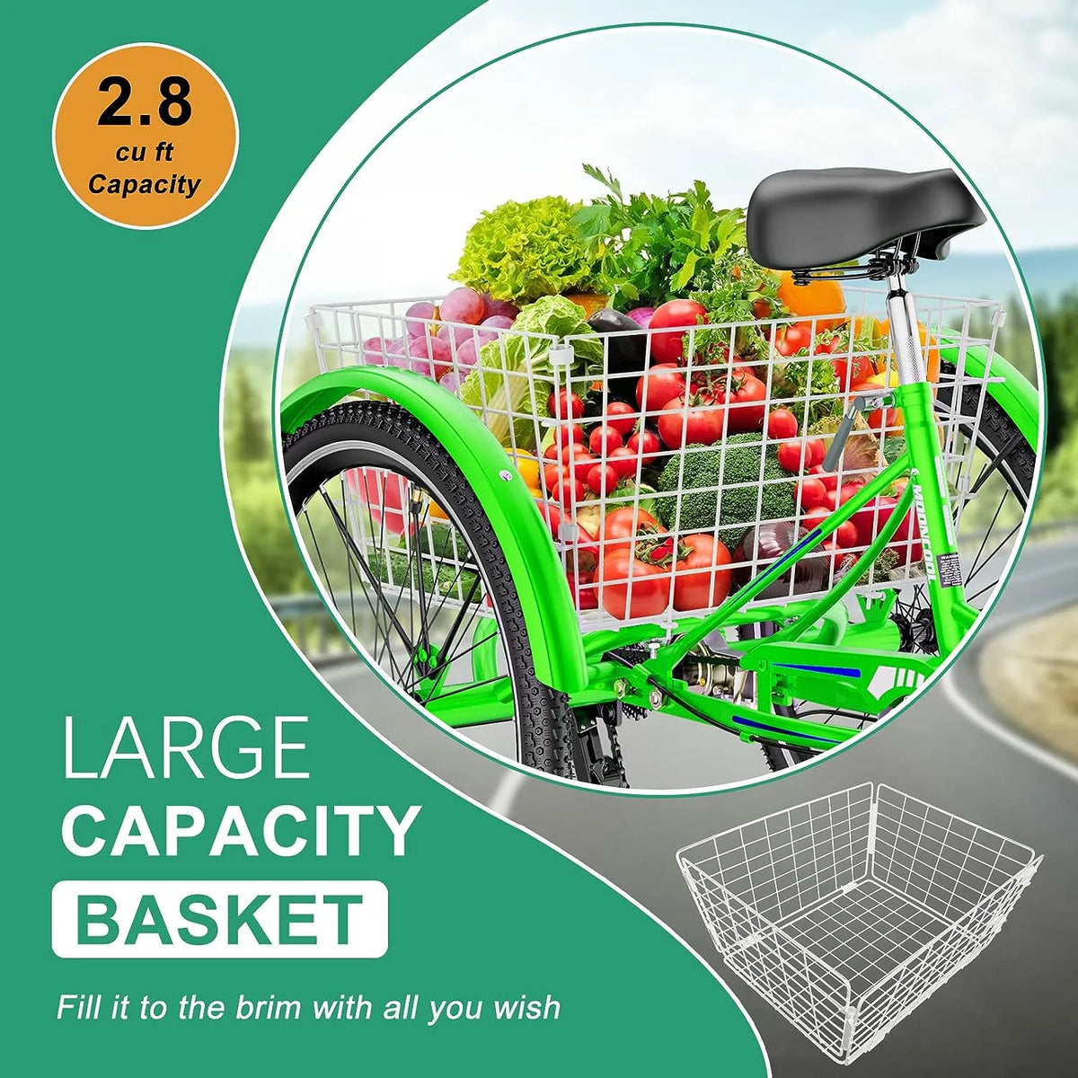 Tricycles pour adultes MOONCOOL avec panier arrière et pompe à pied, vélos à 3 roues 7 vitesses de 24 et 26 pouces, vélo à trois roues pour adultes avec dossier pour seniors, femmes et hommes