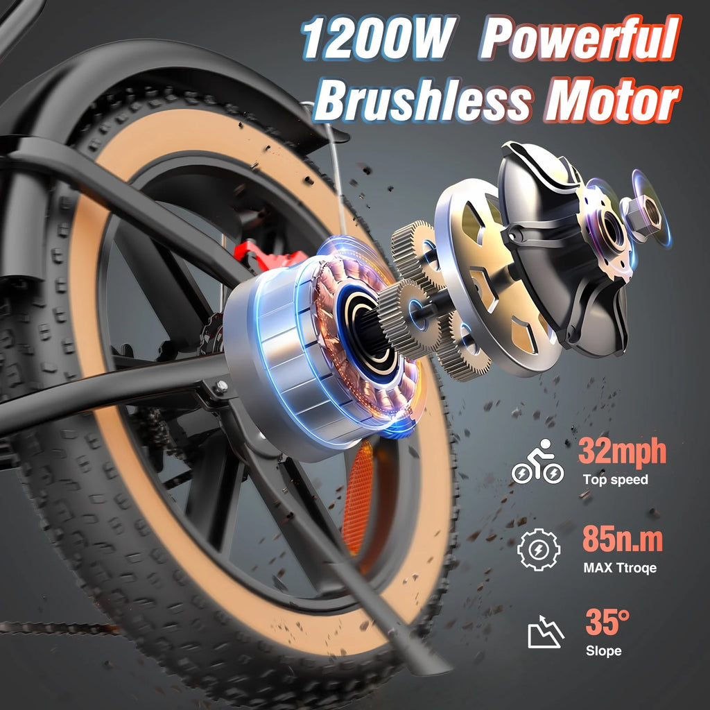 Vélo électrique Ridstar pour adultes, 1200 W, 32 mi/h, moto tout-terrain électrique 48 V 20 Ah, vélo de montagne à pneus larges de 20 pouces et 7 vitesses, UL2849