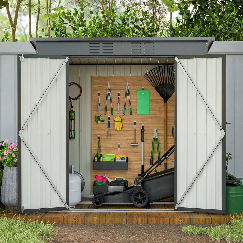 Abri de rangement extérieur de 6 x 4 pi avec cadre de plancher, abri de rangement extérieur avec porte verrouillable, abri pour outils de jardin toutes saisons avec grille d’aération pour maison, cour arrière, terrasse et pelouse, noir
