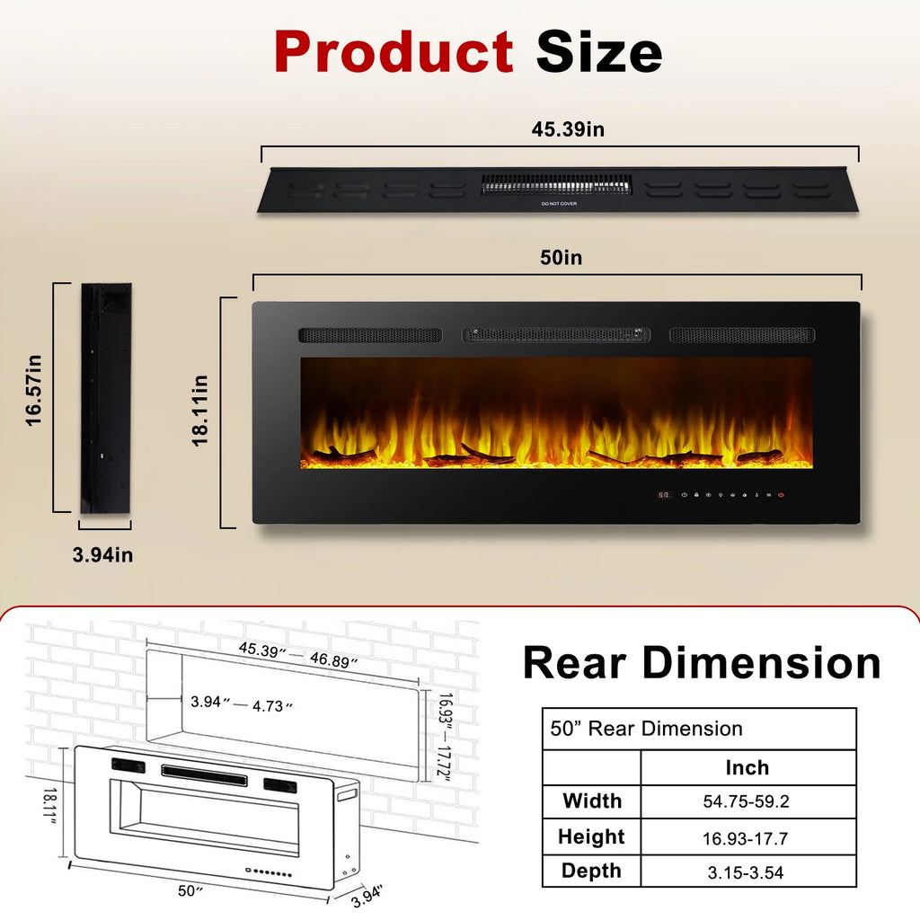 Cheminée électrique 60, cheminée encastrable ultra-fine et murale, cheminée linéaire avec minuterie, télécommande, couleur de flamme réglable, 750 w/1 500 w, noire