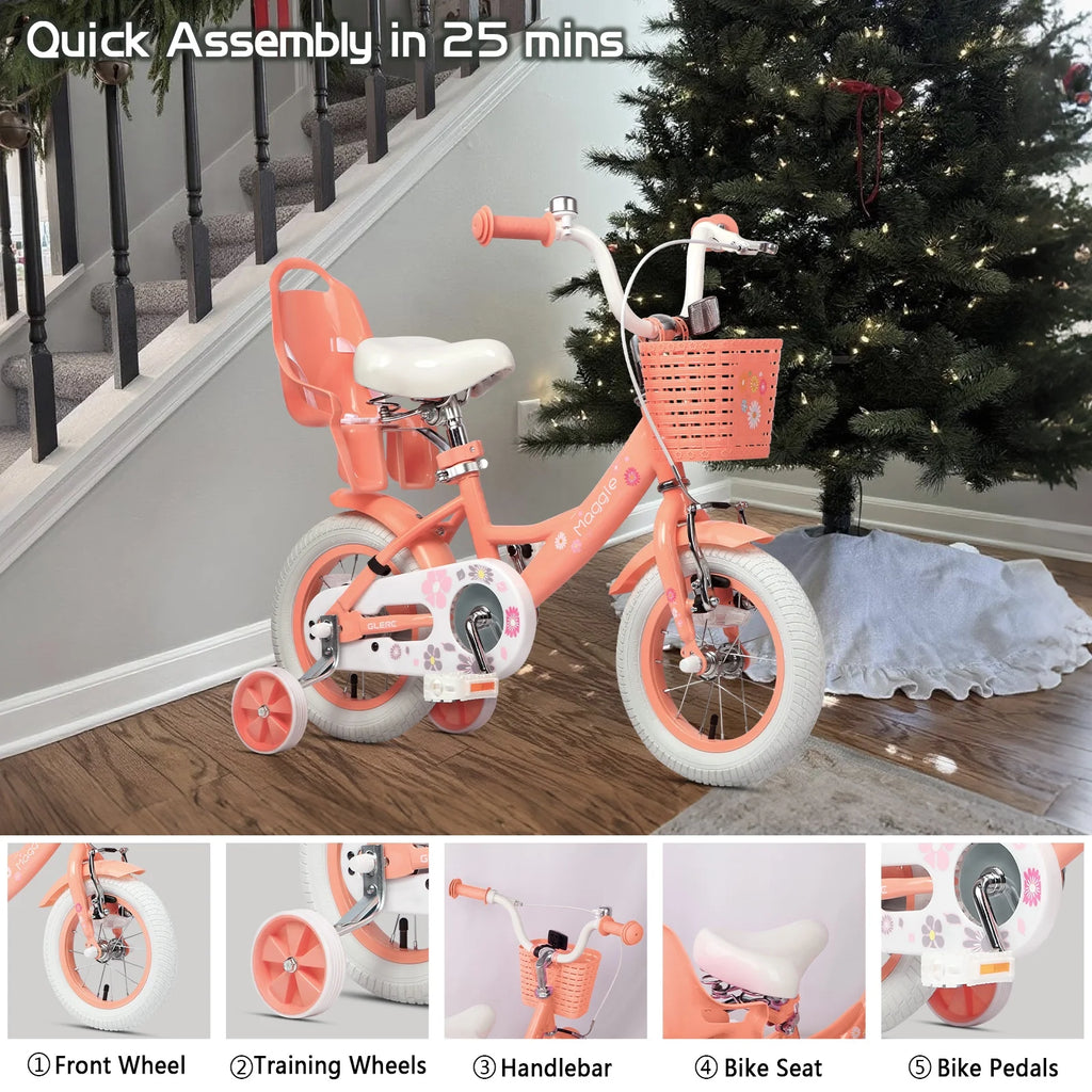 Vélo pour filles Glerc Maggie de 12 pouces pour enfants de 2 à 4 ans, Pêche
