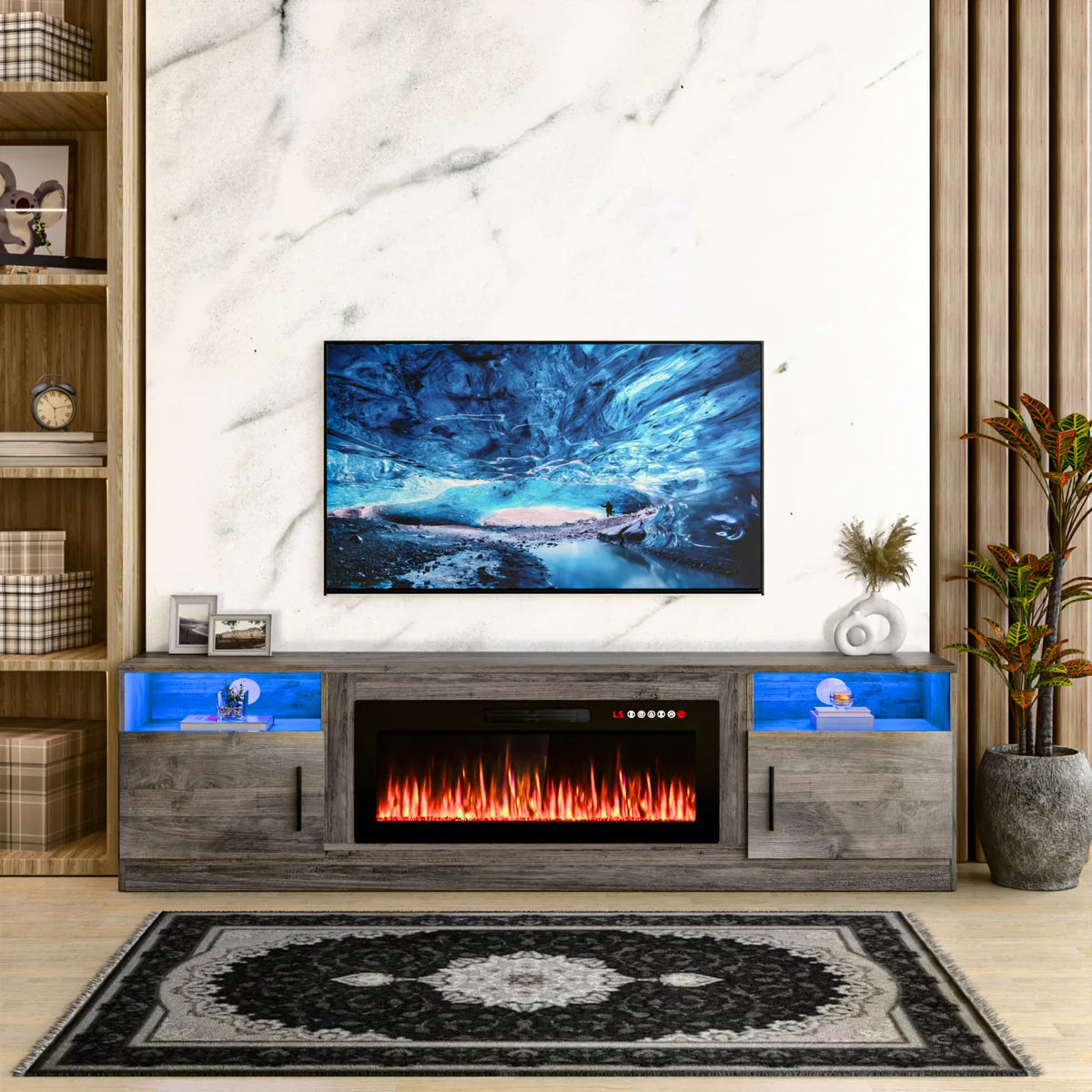 Meuble TV avec cheminée Waleaf avec cheminée électrique de 36 pouces pour téléviseurs jusqu’à 80 pouces, console multimédia moderne en bois avec meuble éclairé, blanc