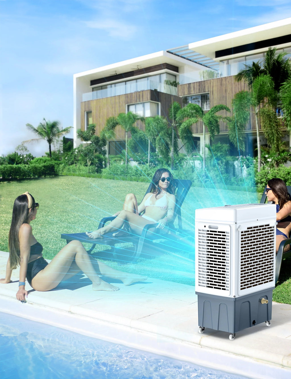 Rafraîchisseur d'air évaporatif, 2100 CFM, oscillation 120°, avec télécommande, minuterie 24 h, 3 vitesses de ventilation, pour intérieur et extérieur, 7,9 gallons