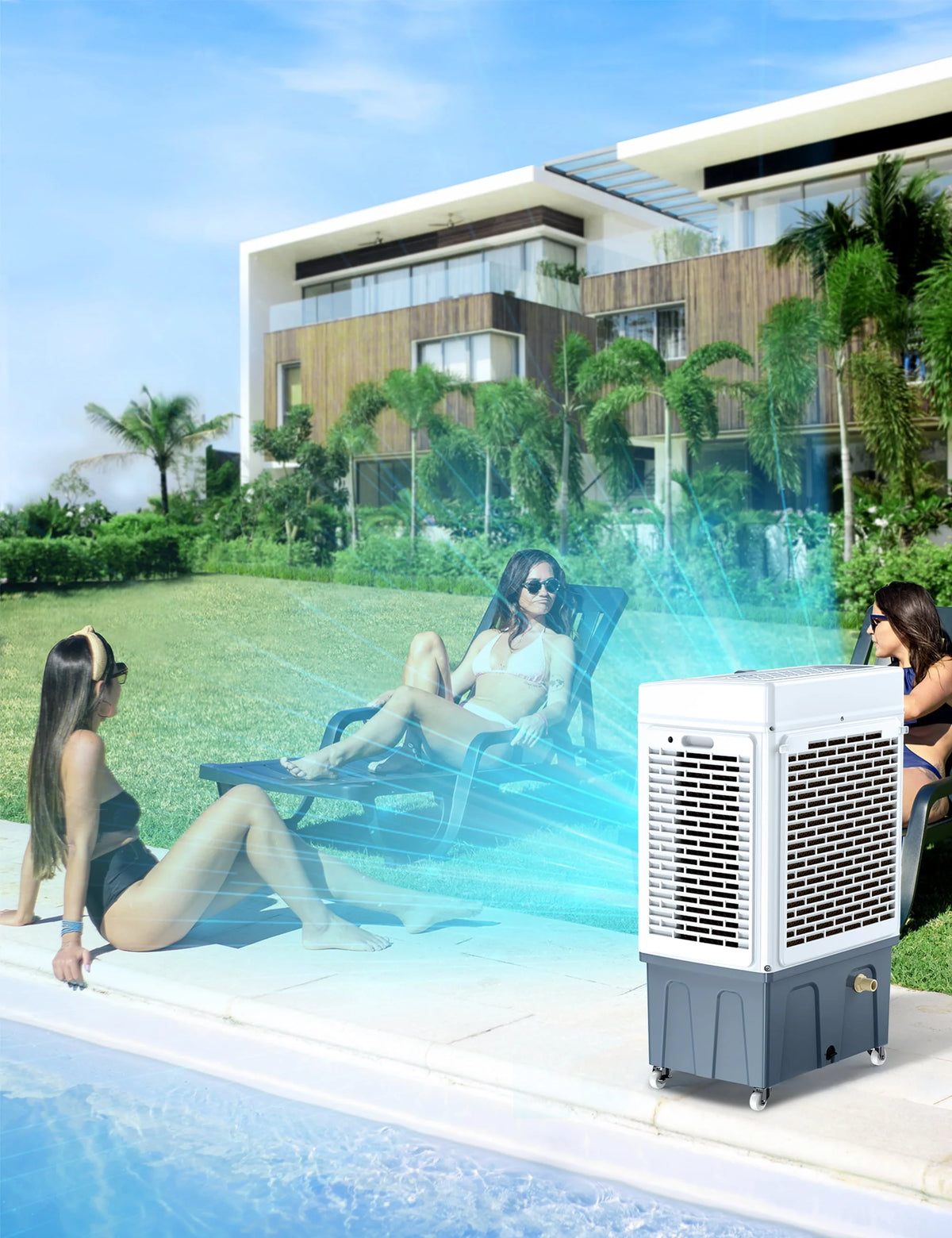 Rafraîchisseur d'air évaporatif, 2100 CFM, oscillation 120°, avec télécommande, minuterie 24 h, 3 vitesses de ventilation, pour intérieur et extérieur, 7,9 gallons