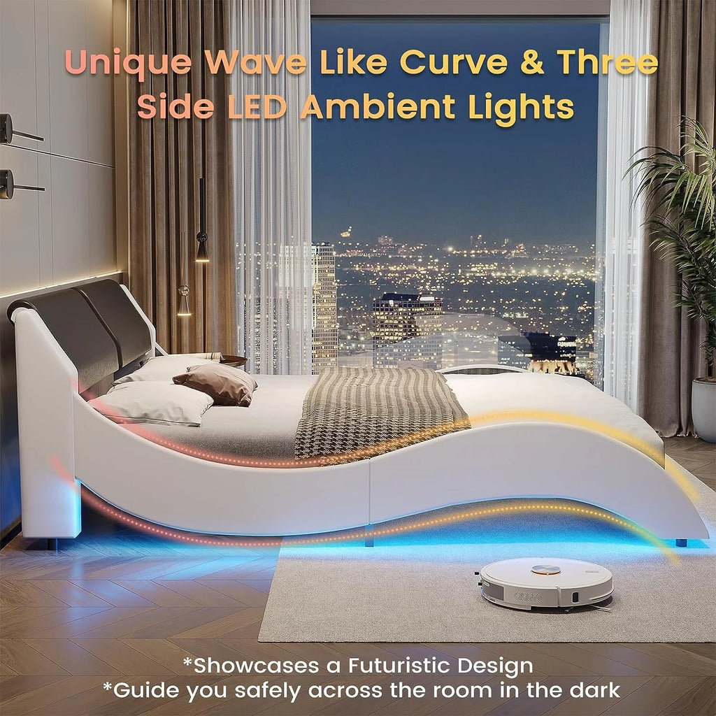 Cadre de lit Queen Size avec éclairage LED,Cadre de lit plateforme moderne avec tête de lit rembourrée,Cadre de lit bas en similicuir effet ondulé,Aucun sommier requis,Noir