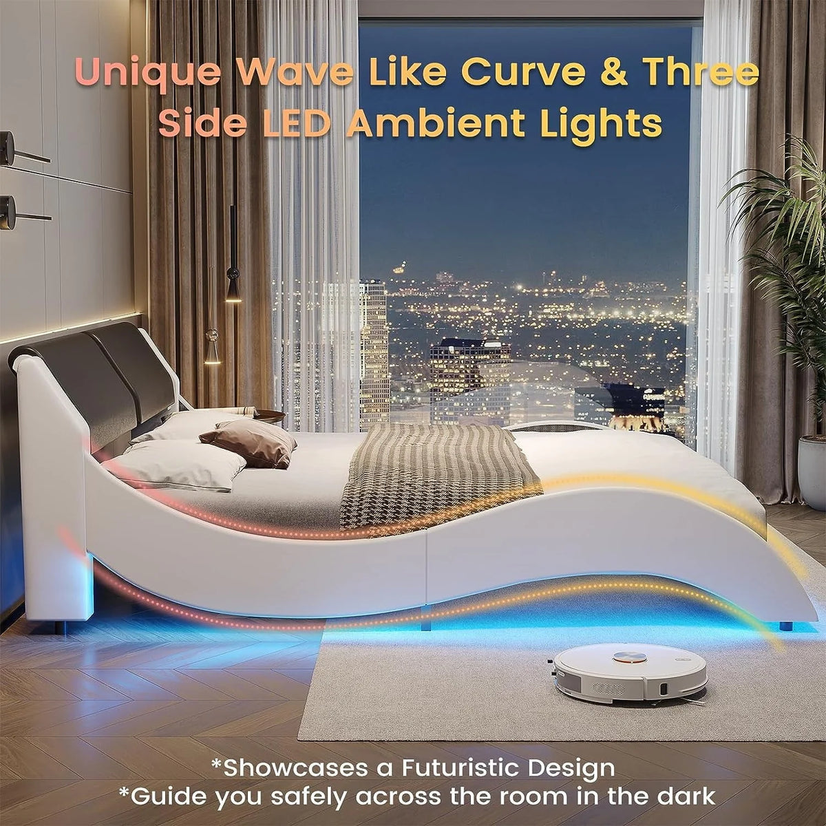 Cadre de lit Queen Size avec éclairage LED,Cadre de lit plateforme moderne avec tête de lit rembourrée,Cadre de lit bas en similicuir effet ondulé,Aucun sommier requis,Noir