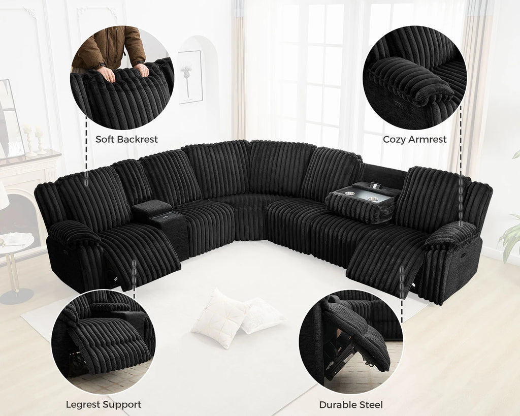 Canapé d’angle inclinable électrique avec chargeur sans fil, 6 places en fausse fourrure avec fauteuils inclinables, porte-gobelets dissimulés, console de rangement, ports USB et Type-C, noir