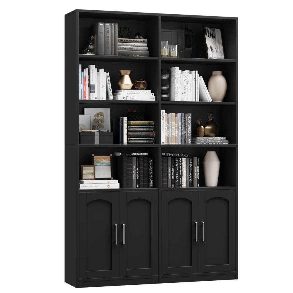 Bibliothèque haute Homfa 73 avec portes, 8 compartiments, 6 niveaux, double rangée, blanche, pour salon et bureau à domicile