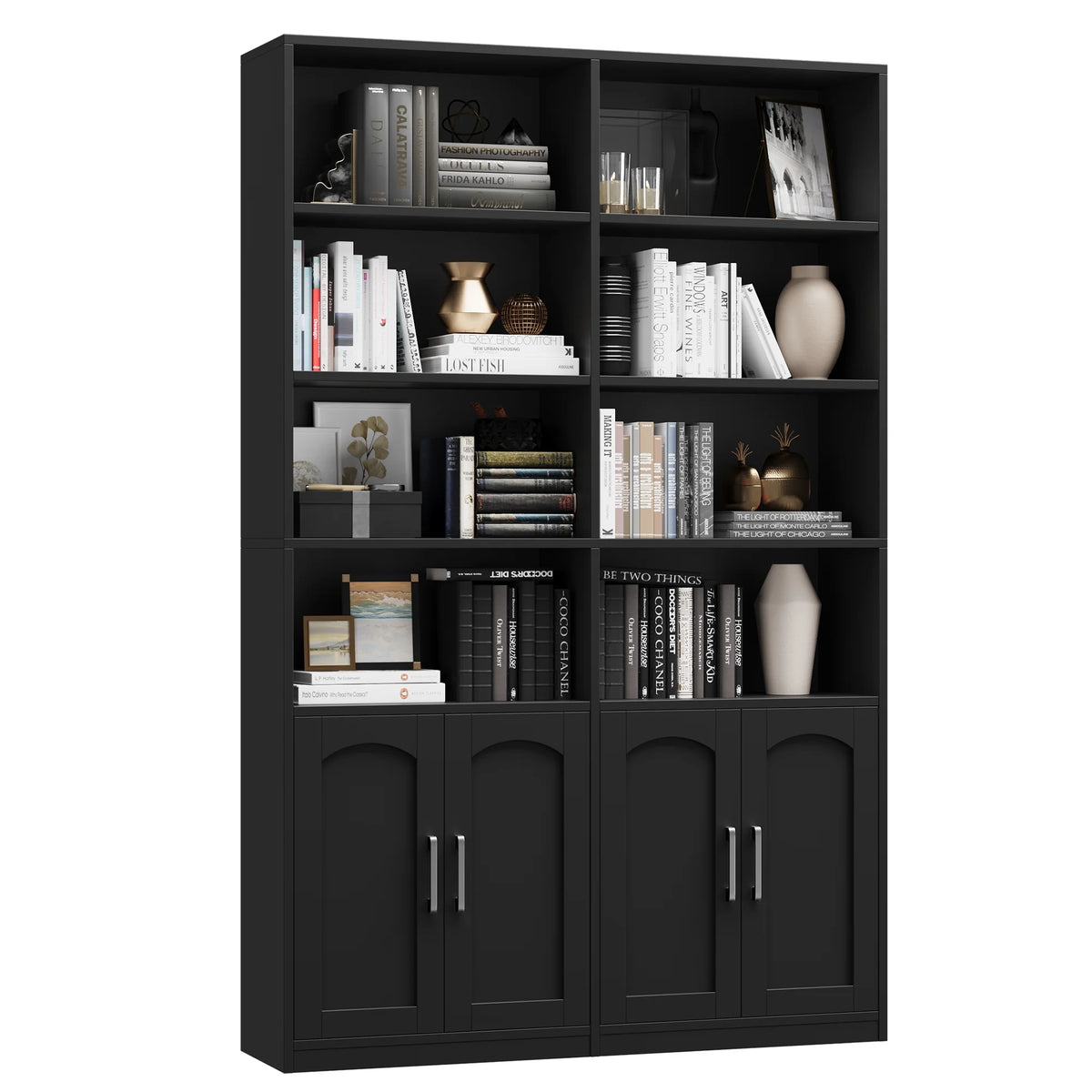 Bibliothèque haute Homfa 73 avec portes, 8 compartiments, 6 niveaux, double rangée, blanche, pour salon et bureau à domicile