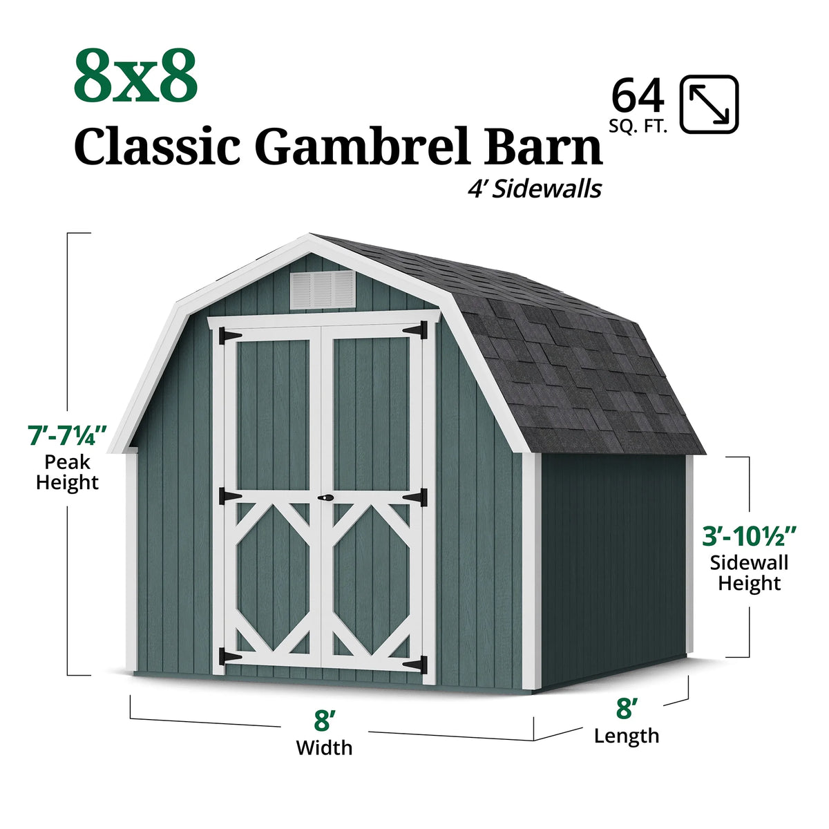 Little Cottage Co. Grange classique à toit brisé 8x8 avec murs latéraux de 4 pi, Abri de rangement extérieur en bois, Kit pré-découpé à monter soi-même