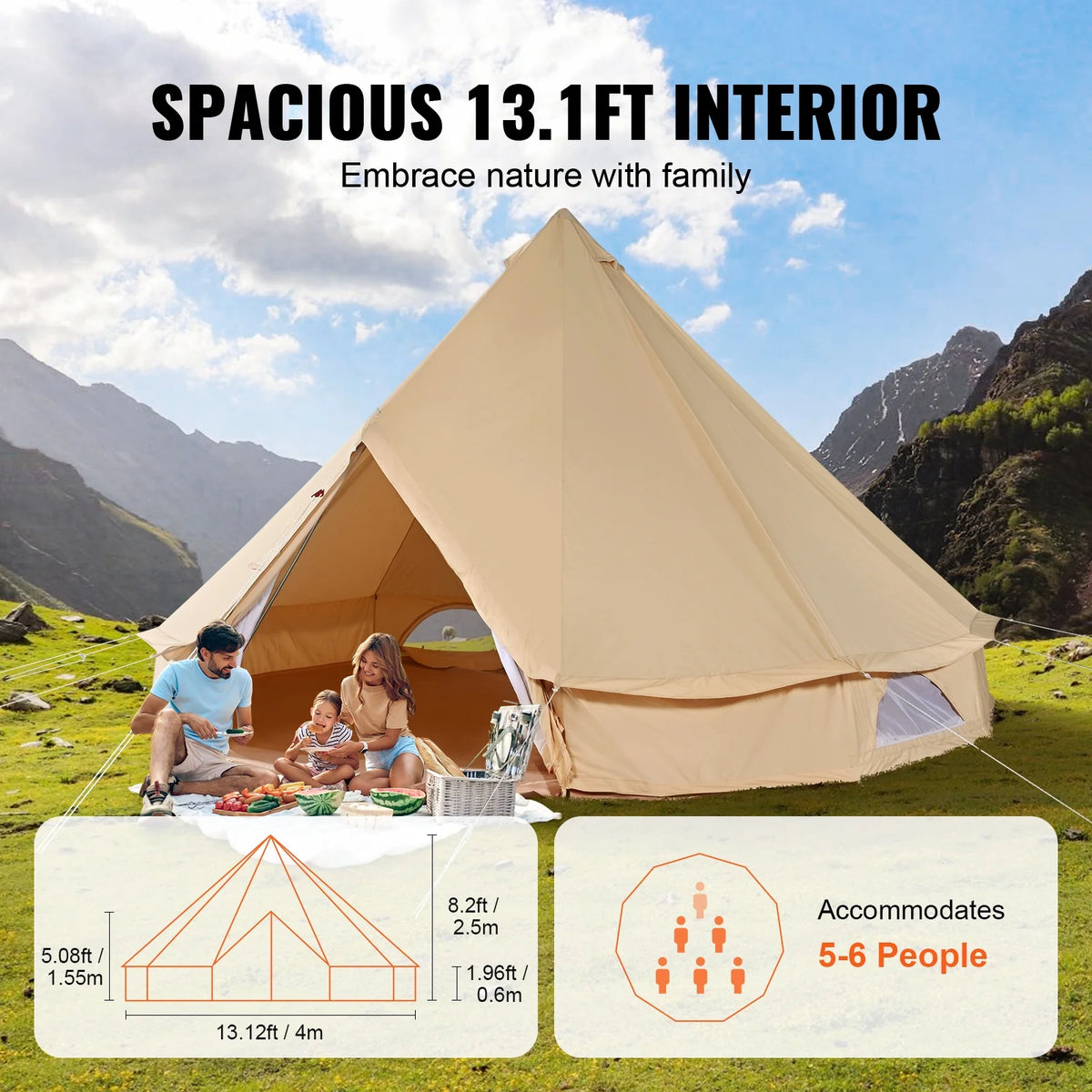 Tente cloche en toile VEVOR, tente yourte 4 saisons de 4 m/13,12 pieds, tente en toile pour le camping avec prise de poêle, tente respirante pouvant accueillir jusqu'à 6 personnes, pour le camping en famille, la chasse, les fêtes en plein air.