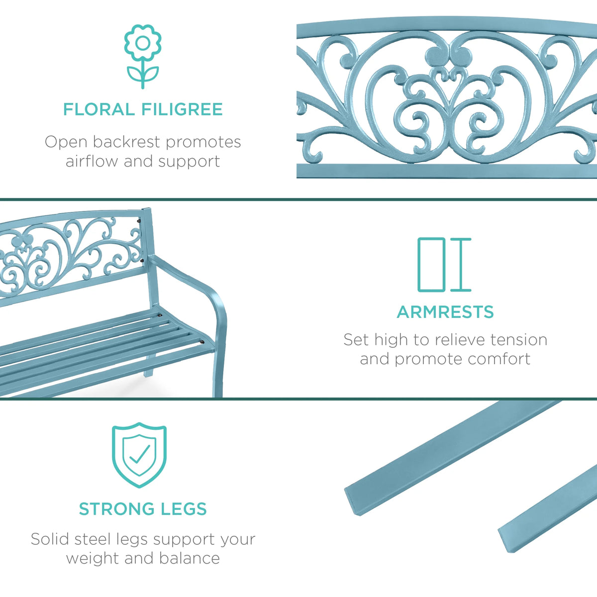 Best Choice Products Banc en Acier d'Extérieur Jardin Patio Porche Meuble avec Dossier à Motif Floral - Noir