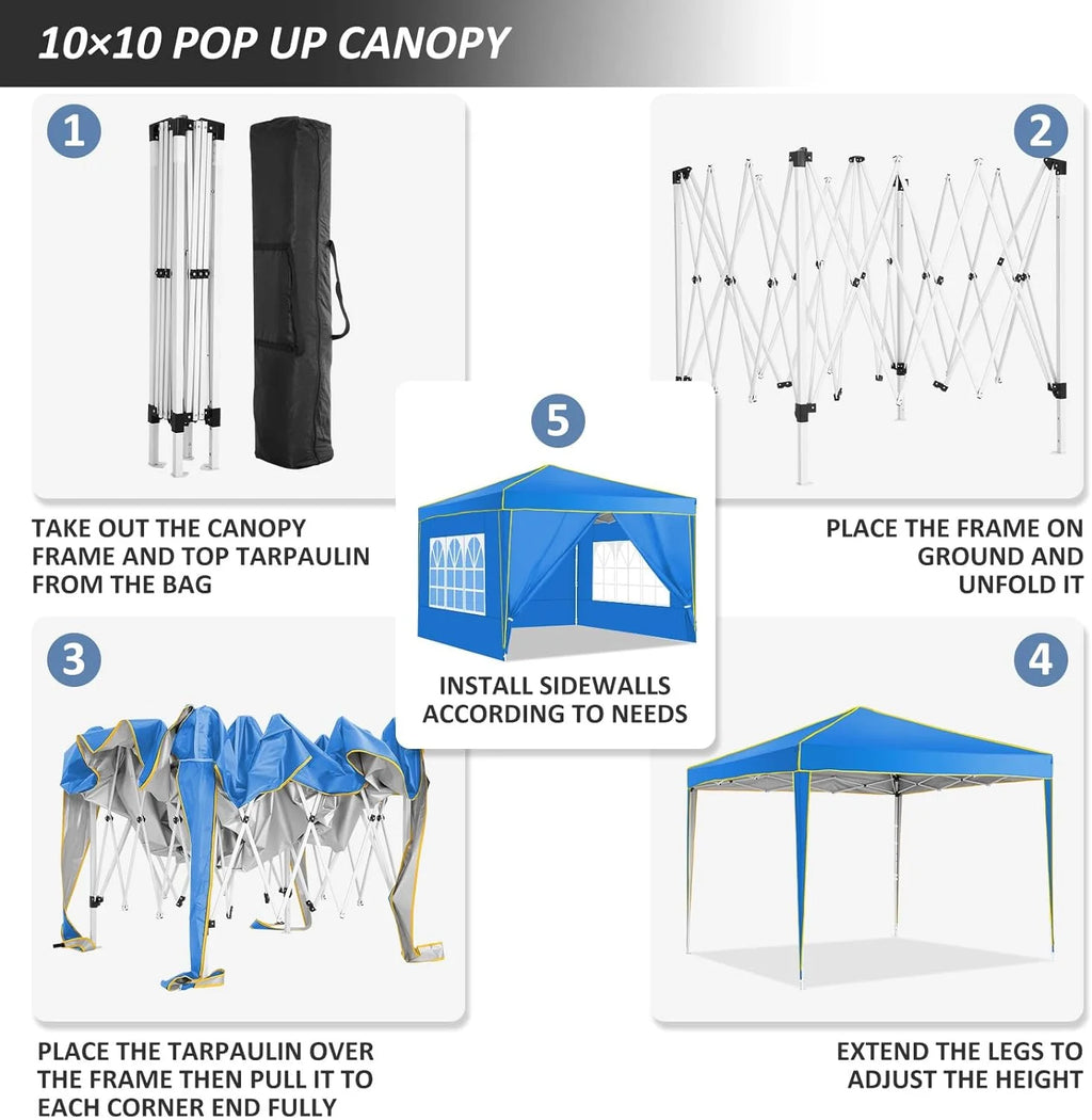 HOTEEL Chapiteau pop-up 10x10 avec murs latéraux, Tente imperméable pour fêtes et événements de mariage, Gazébo d'extérieur instantané avec sac de transport, piquets, cordes et sacs de sable, Noir